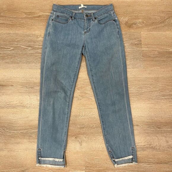 Eileen Fisher Ankle Jeans Women's 4 Petite Blue Denim Frayed Hem Zip Fly Stretch - Picture 2 of 7